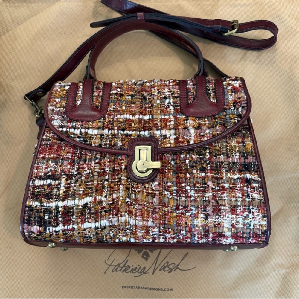 Patricia Nash boucle tweed burgundy black cream khaki bag wallet pouch set - Picture 2 of 16